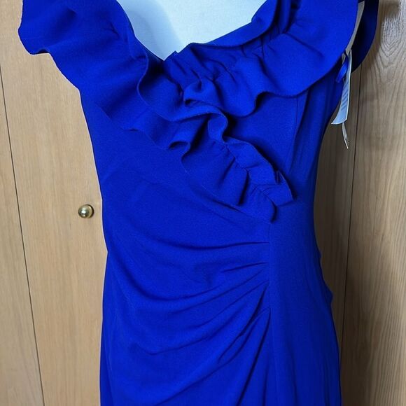 Xscape Women's Long Stretch Scuba Crepe Ruffle Collar Ruched Dress Size 14 NWT - Picture 6 of 13